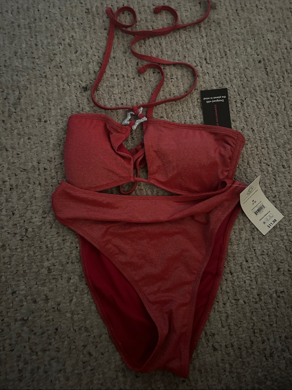 Shimmery Red Bandeau Halter Bikini Set